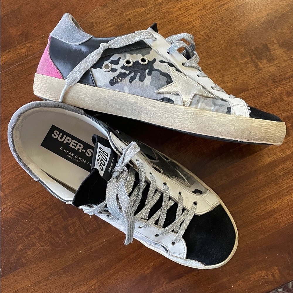 Golden Goose Superstar Sneakers in Black, Gray, and White with Pink Accents